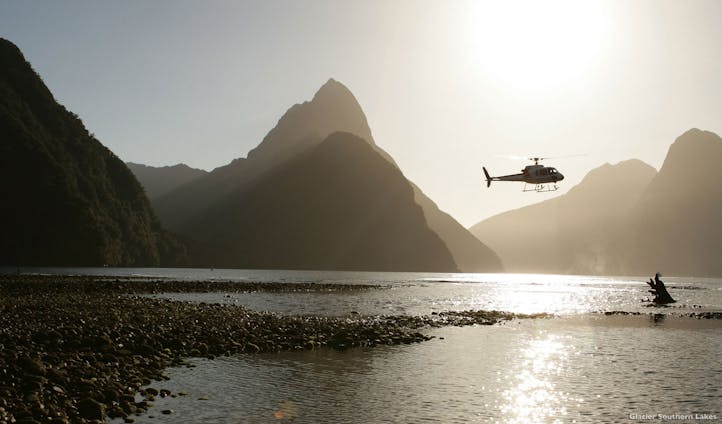 Milford Sound helicopter tours above glistening waters