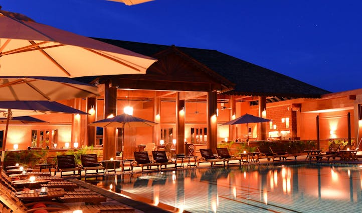 Pool at dusk at luxury resort in Myanmar