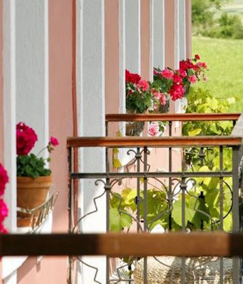 Flowers line the balconies of Hisa Franko, Slovenia