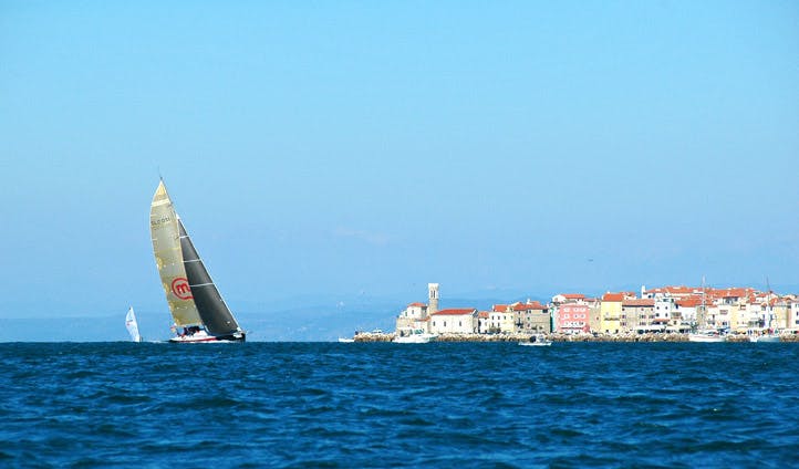 A yacht sails close to Piran, Slovenia