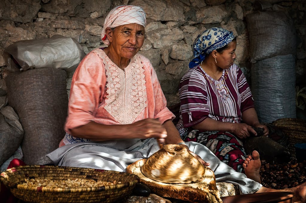 Moroccan women weaving baskets