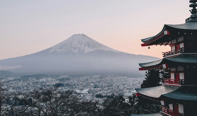 A pagoda overlooks Mount Fuji in Japan
