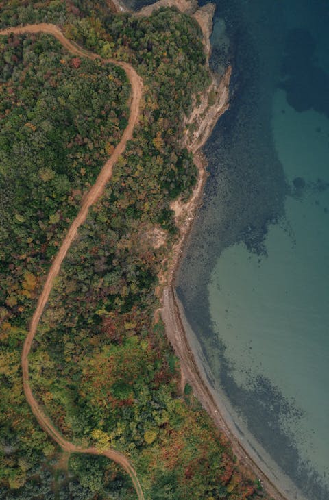 Drone shot of a pathway along the coast