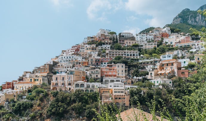 Buildings on the hills of Positano, Italy in the sunshine