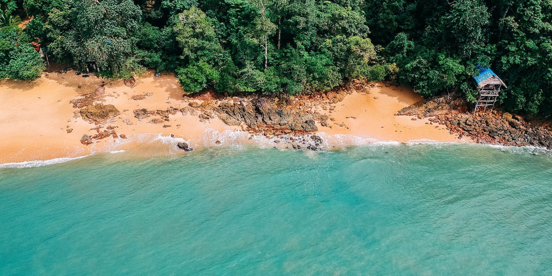 Koh Phi Phi, Thailand, drone shot of beach and turquoise waters