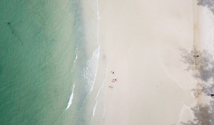 Drone shot of white sandy beach in Cambodia