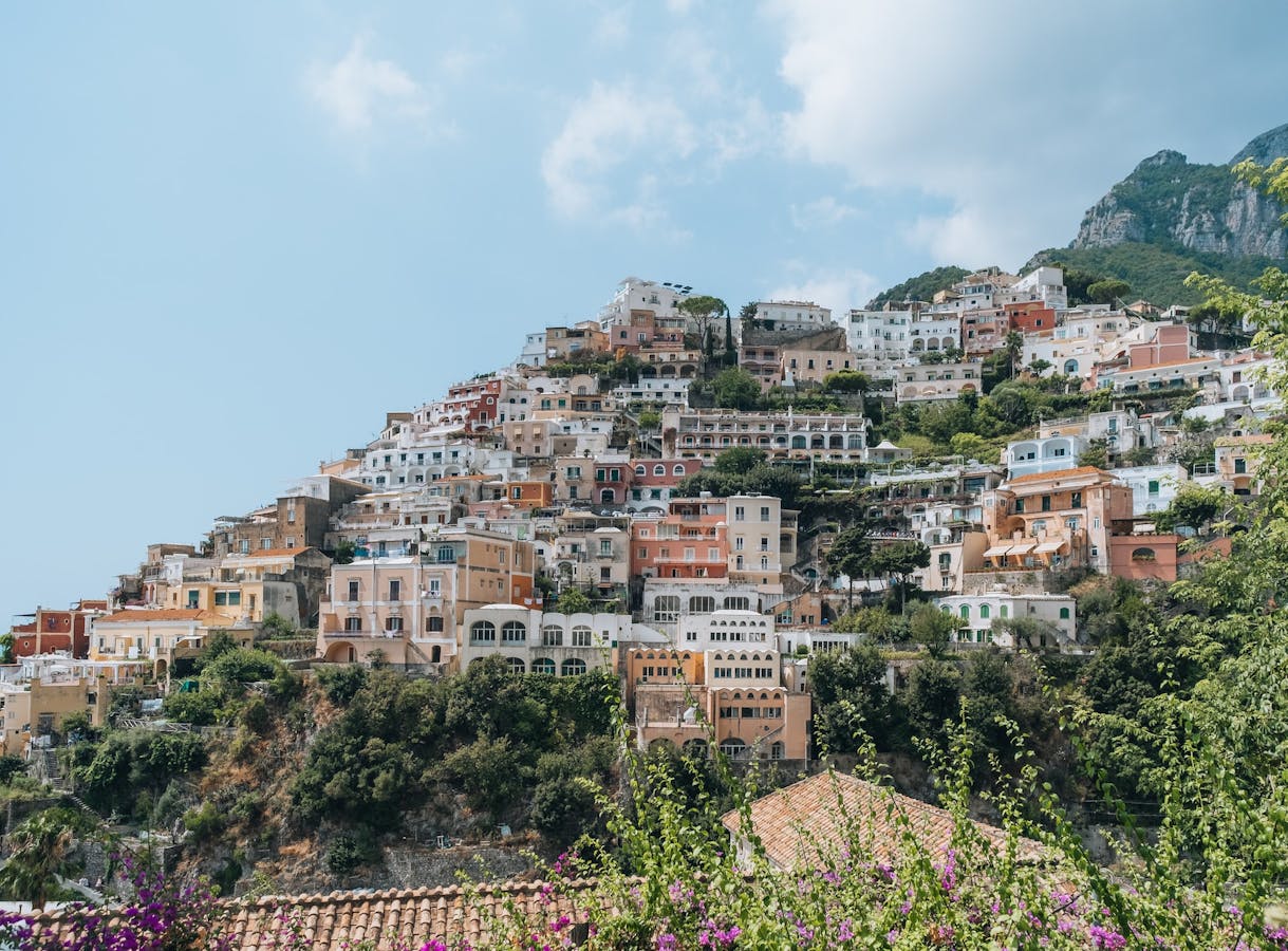 Buildings on the hills of Positano, Italy in the sunshine