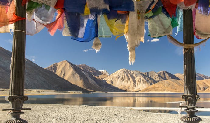 Colourful flags in Ladakh, India. Set in the Himalayas