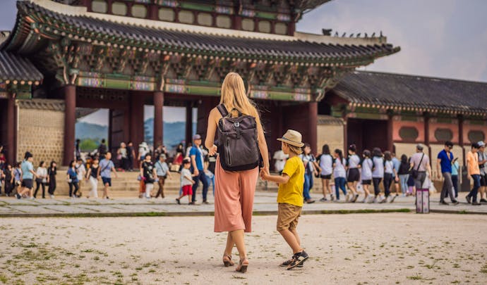 City of Seoul, South Korea with mother and son.